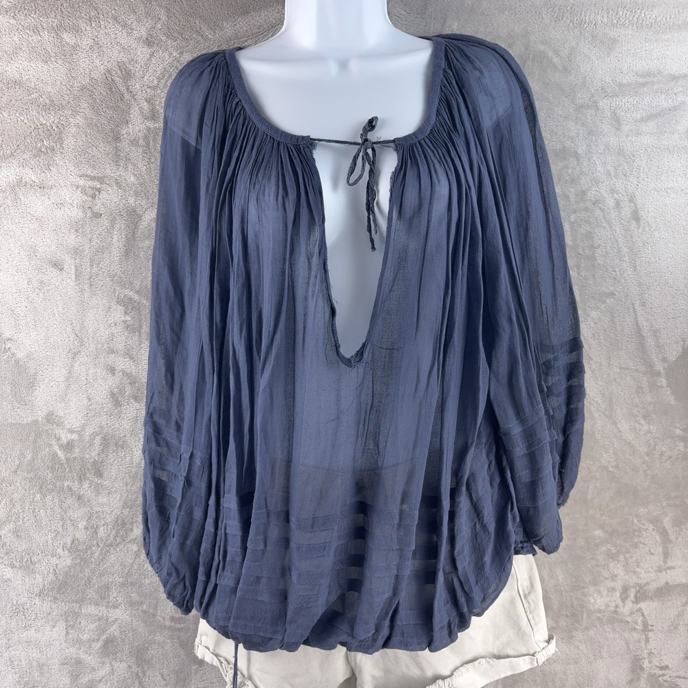 Free People FP One‎ Long Sleeve Sheer Gauze Blouse Womens Size XS Blue Boho